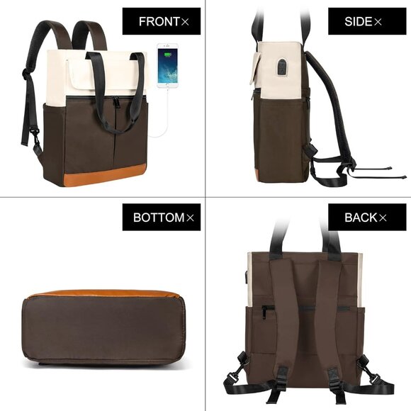 Women Brown Convertible Daypack Laptop Computer Backpack with USB Charging Port main image 4